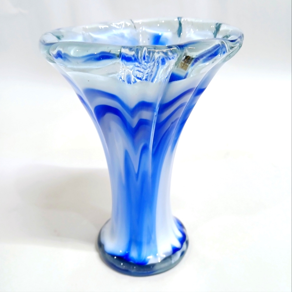 Blue and White Blown Art Glass Vase
